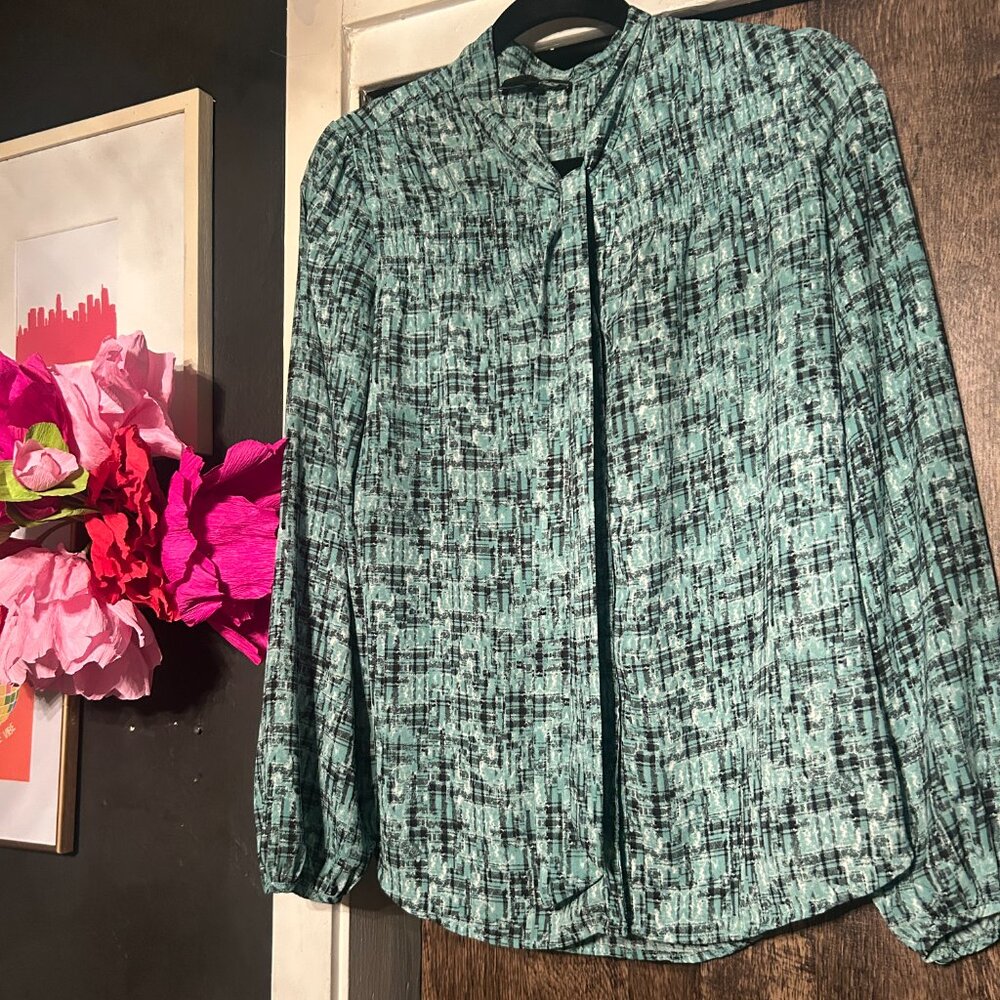 Ro & De Turquoise Print Bow Neck Blouse Small